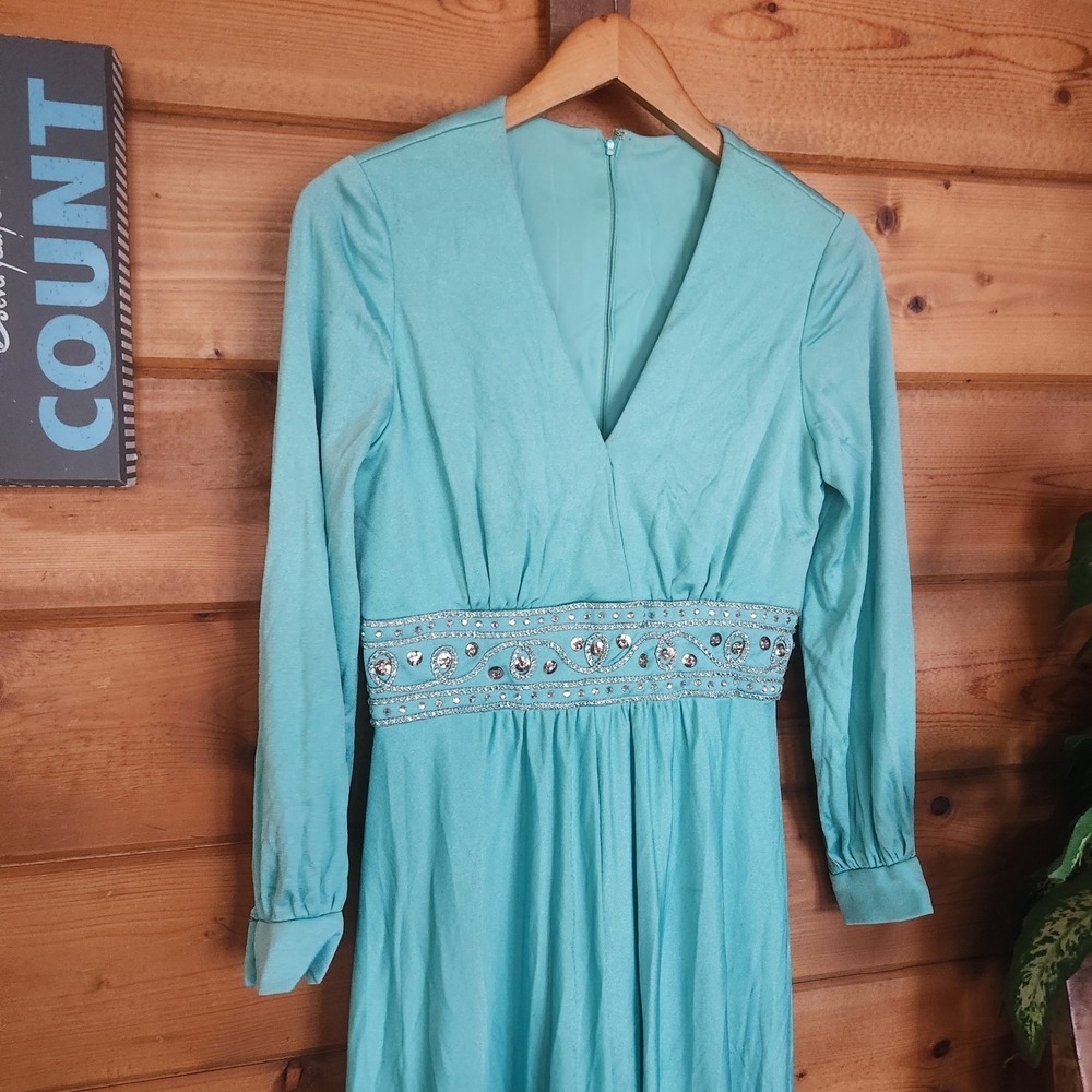 ILGWU Vintage 70s Maxi Dress Empire Waist Praire Retro Sequin Embellish Sz 26/2 - Picture 2 of 13